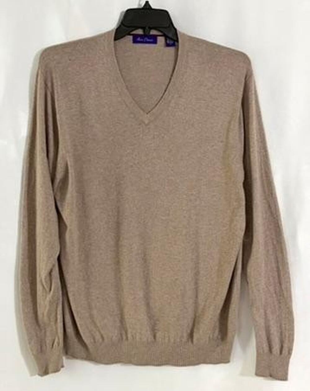 Alan Flusser Sweater Mens Large Beige V-Neck Cotton Blend Knit Pullover